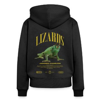 Jackson's Chamäleon Streetwear Eidechsenwärter - Frauen Premium Bio Zip Hoodie - Schwarz - Hinten - Julia (174cm)