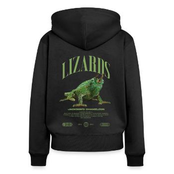 Jackson's Chamäleon Streetwear Eidechsenwärter - Frauen Premium Bio Zip Hoodie - Schwarz - Hinten - Julia (174cm)