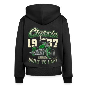 Moto Motard Moto Anniversaire Né En 1957 - Sweat à capuche zippé Premium bio Femme - noir - Dos - Julia (174cm)