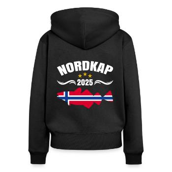 Norwegen Angeltour 2025 Nordkap - Frauen Premium Bio Zip Hoodie - Schwarz - Hinten - Julia (174cm)