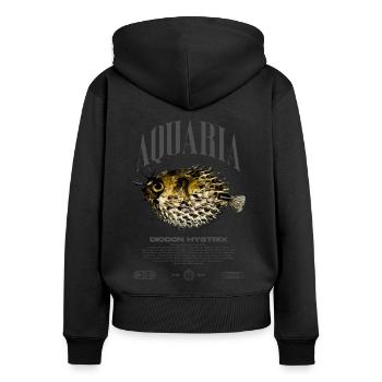 Stachelschwein Kugelfischhalter Moderne Streetwear - Frauen Premium Bio Zip Hoodie - Schwarz - Hinten - Julia (174cm)