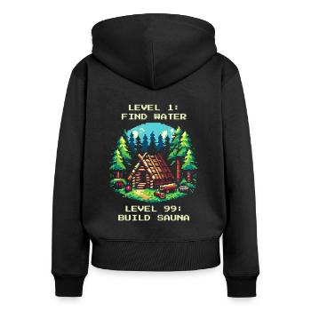 Level 1: Wasser Finden. Level 99: Sauna Bauen. - Frauen Premium Bio Zip Hoodie - Schwarz - Hinten - Julia (174cm)
