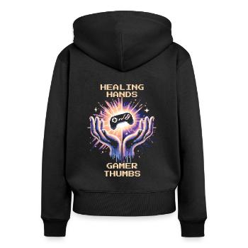 Ergothérapie Guérison Mains Pouce Rétro Pixel Art - Sweat à capuche zippé Premium bio Femme - noir - Dos - Julia (174cm)