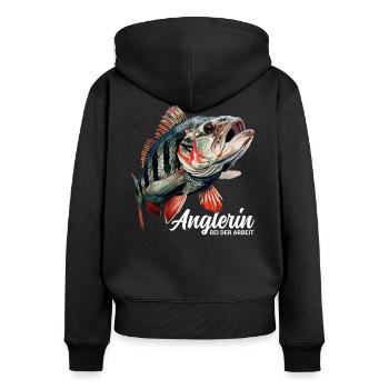 Anglerin - Frauen Premium Bio Zip Hoodie - Schwarz - Hinten - Julia (174cm)