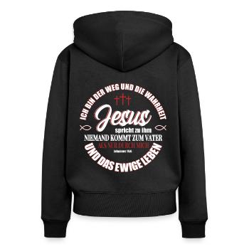 Jesus Christus Shirt Bibelvers Ich bin der Weg - Frauen Premium Bio Zip Hoodie - Schwarz - Hinten - Julia (174cm)