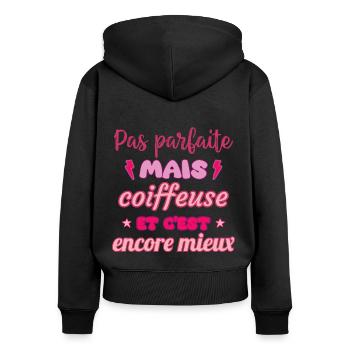 paPas parfaite mais coiffeuse,cadeau coiffeuse - Sweat à capuche zippé Premium bio Femme - noir - Dos - Julia (174cm)