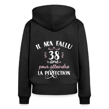 Anniversaire 38 ans, idée cadeau date de naissance - Sweat à capuche zippé Premium bio Femme - noir - Dos - Julia (174cm)