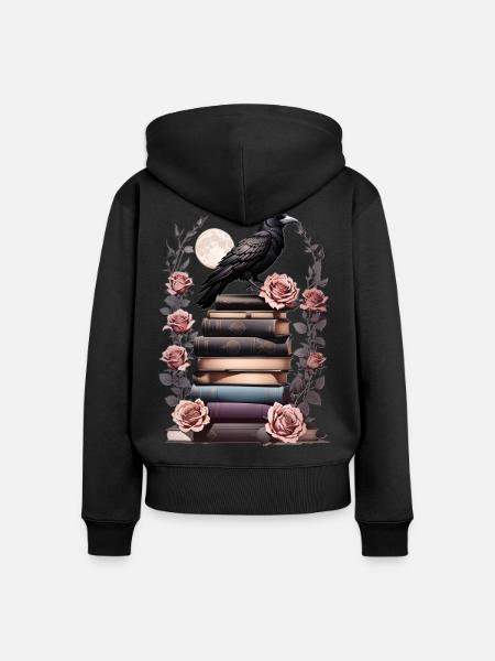 Bücherstapel mit Rabe - Frauen Premium Bio Zip Hoodie - Schwarz