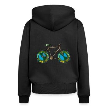 Planet Bike, Ästhetisches grünes Planet Earth Fahrrad - Frauen Premium Bio Zip Hoodie - Schwarz - Hinten - Julia (174cm)