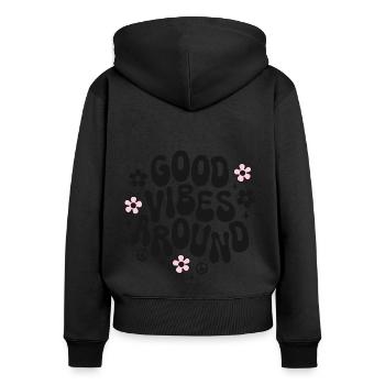 Good vibes around Spruch Trendy Retro Peace Love - Frauen Premium Bio Zip Hoodie - Schwarz - Hinten - Julia (174cm)