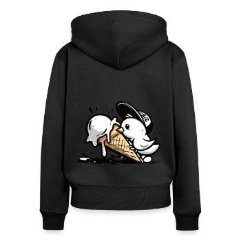 Coole Möwe mit Mütze im Eisrausch - Frauen Premium Bio Zip Hoodie - Schwarz - Hinten - Julia (174cm)