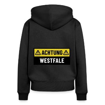 Achtung Westfale - Regionaler Spruch - Frauen Premium Bio Zip Hoodie - Schwarz - Hinten - Julia (174cm)