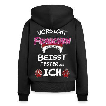 Frauchen Vorsicht Hund Pfote Zähne - Frauen Premium Bio Zip Hoodie - Schwarz - Hinten - Julia (174cm)
