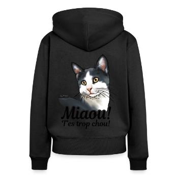chat noir et blanc Miaou (texte noir) - Sweat à capuche zippé Premium bio Femme - noir - Dos - Julia (174cm)