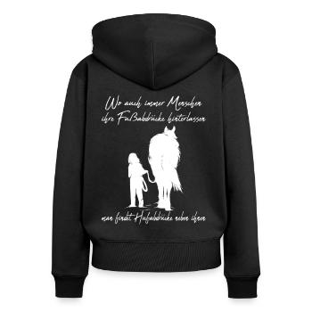 Pferd und Reiter laufen zusammen Reitersprüche - Frauen Premium Bio Zip Hoodie - Schwarz - Hinten - Julia (174cm)