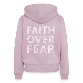 Bronntanas Clóghrafaíochta Faith Over Fear - Women's Premium Organic Zip Hoodie - dusky pink - Back - Julia (174cm)