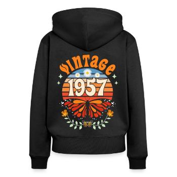 Rétro et Vintage 1957 Femme 65 Ans Anniversaire - Sweat à capuche zippé Premium bio Femme - noir - Dos - Julia (174cm)