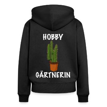 Frauen Garten Outfit die Hobby Gärtnerin - Frauen Premium Bio Zip Hoodie - Schwarz - Hinten - Julia (174cm)