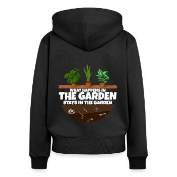 Gardener saying what happens in the garden - Women's Premium Organic Zip Hoodie - black - Back - Julia (174cm)
