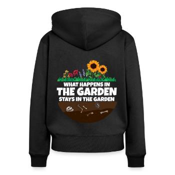 Gardener saying what happens in the garden - Women's Premium Organic Zip Hoodie - black - Back - Julia (174cm)