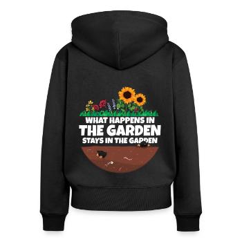 Gardener saying what happens in the garden - Women's Premium Organic Zip Hoodie - black - Back - Julia (174cm)