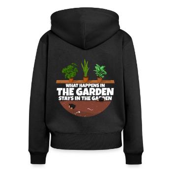 Gardener saying what happens in the garden - Women's Premium Organic Zip Hoodie - black - Back - Julia (174cm)