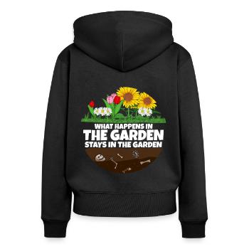 Gardener saying what happens in the garden - Women's Premium Organic Zip Hoodie - black - Back - Julia (174cm)