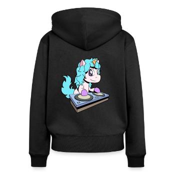 Cartoon Unicorn DJ at turntable - Women's Premium Organic Zip Hoodie - black - Back - Julia (174cm)