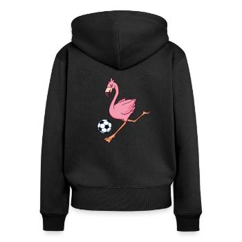 Comic Flamingo spielt Fußball - Frauen Premium Bio Zip Hoodie - Schwarz - Hinten - Julia (174cm)