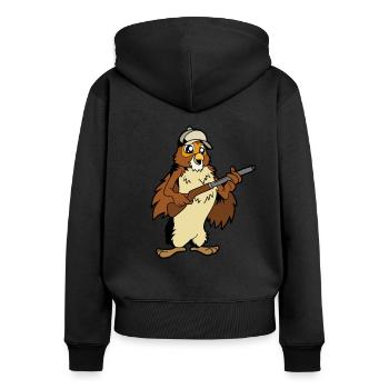 Eule mit Gewehr - Jäger - Frauen Premium Bio Zip Hoodie - Schwarz - Hinten - Julia (174cm)