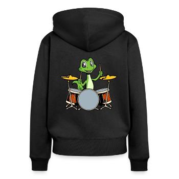 Comic Gecko Schlagzeuger - Frauen Premium Bio Zip Hoodie - Schwarz - Hinten - Julia (174cm)