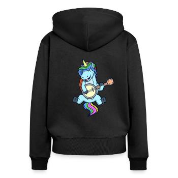 Comic Einhorn spielt Banjo - Frauen Premium Bio Zip Hoodie - Schwarz - Hinten - Julia (174cm)