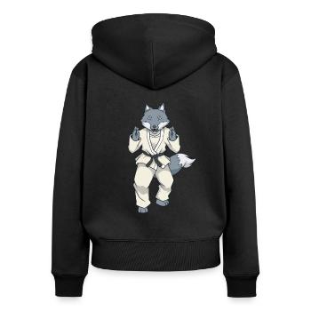 Comic Wolf fait du judo - Sweat à capuche zippé Premium bio Femme - noir - Dos - Julia (174cm)