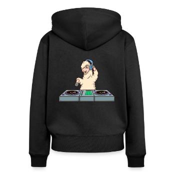 Cartoon Lama DJ at turntable - Women's Premium Organic Zip Hoodie - black - Back - Julia (174cm)