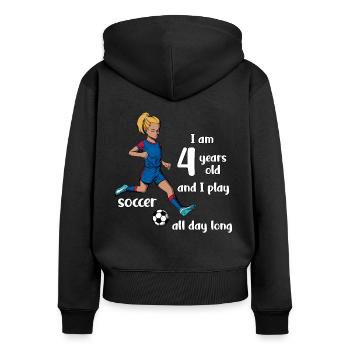 Une fille tire au football - J’ai 4 ans - Sweat à capuche zippé Premium bio Femme - noir - Dos - Julia (174cm)