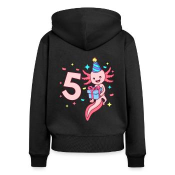 Avec Axolotl - Anniversaire de fille 5 ans - Sweat à capuche zippé Premium bio Femme - noir - Dos - Julia (174cm)