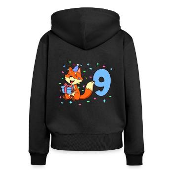 Avec renard - anniversaire de garçon 9 ans - Sweat à capuche zippé Premium bio Femme - noir - Dos - Julia (174cm)