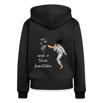 J’ai 9 ans - Garçon Karaté - Sweat à capuche zippé Premium bio Femme - noir - Dos - Julia (174cm)
