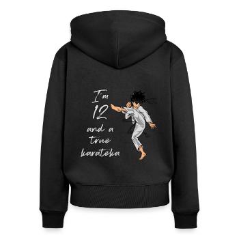 J’ai 12 ans - Karaté garçons - Sweat à capuche zippé Premium bio Femme - noir - Dos - Julia (174cm)