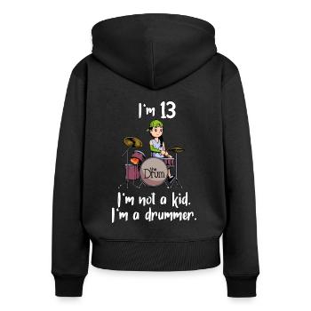 I’m 13 - Girl Drummer - Sweat à capuche zippé Premium bio Femme - noir - Dos - Julia (174cm)