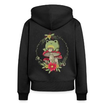 Cottagecore Aesthetic Kawaii Frog Tea Mushroom - Frauen Premium Bio Zip Hoodie - Schwarz - Hinten - Julia (174cm)