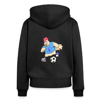 Comic Huhn spielt Fußball - Frauen Premium Bio Zip Hoodie - Schwarz - Hinten - Julia (174cm)