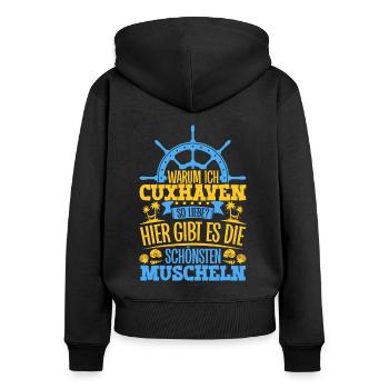 Schöne Muscheln - Warum ich Cuxhaven so liebe - Frauen Premium Bio Zip Hoodie - Schwarz - Hinten - Julia (174cm)