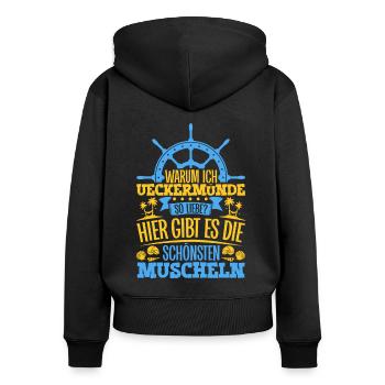 Schöne Muscheln - Warum ich Ueckermünde so liebe - Frauen Premium Bio Zip Hoodie - Schwarz - Hinten - Julia (174cm)