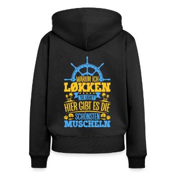 Schöne Muscheln - Warum ich Løkken so liebe - Frauen Premium Bio Zip Hoodie - Schwarz - Hinten - Julia (174cm)