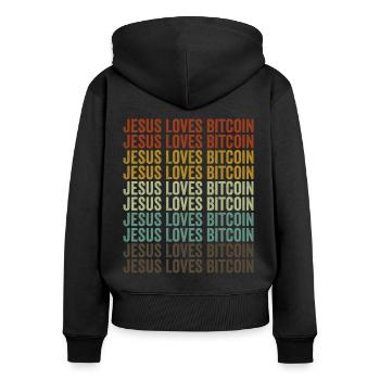 Jésus aime Bitcoin - Sweat à capuche zippé Premium bio Femme - noir - Dos - Julia (174cm)