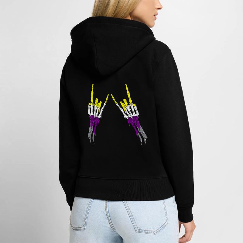 Non Binary Pride Flag Devil Horn Skeleton Subtle Frauen Premium Bio Zip Hoodie