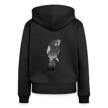 Dessin en noir et blanc d’une perruche - Sweat à capuche zippé Premium bio Femme - noir - Dos - Julia (174cm)