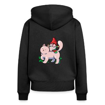 Gartenzwerg reitet Katze - Frauen Premium Bio Zip Hoodie - Schwarz - Hinten - Julia (174cm)