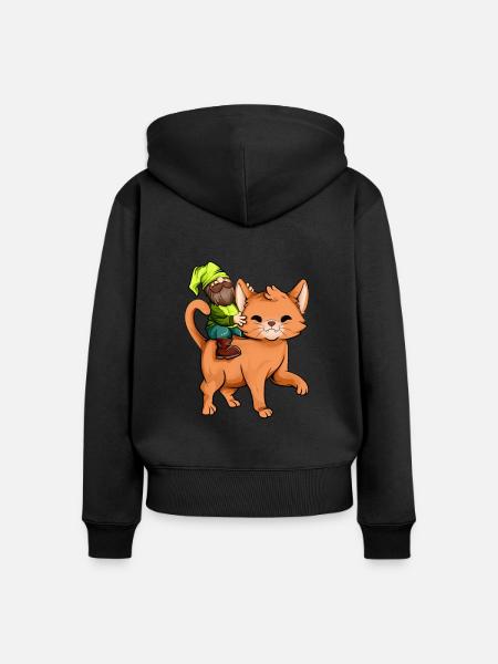 Gartenzwerg reitet Katze - Frauen Premium Bio Zip Hoodie - Schwarz